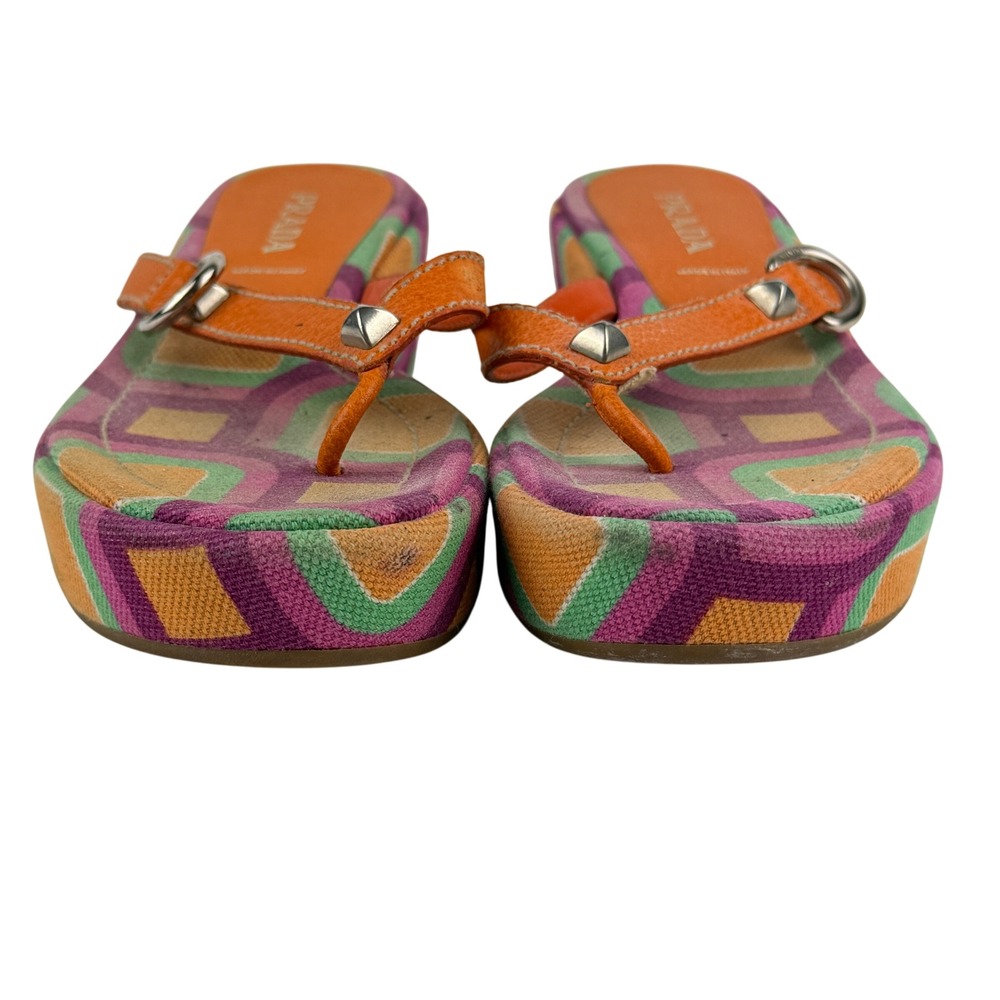 Vintage Y2K Prada Womens 36 Geometric Canvas Platform Wedge Thong Sandals Italy